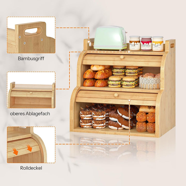 HOOBRO 2-stöckiger Brotkasten aus Bambus mit Rolldeckel, Brotkorb, Brotbox, Brotbehälter mit Griffen