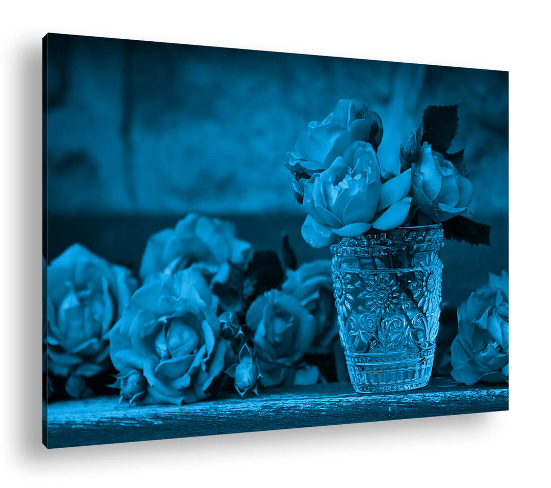 deyoli Glas voller Rosen Format 80x60 Effekt: Monocrome Blau als Leinwandbild, Motiv fertig gerahmt