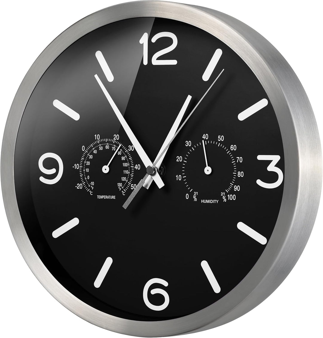 Bresser Funkuhr Wanduhr MyTime ND Thermo-Hygro mit geräuschlosem Funkuhrwerk, Edelstahlrahmen und An