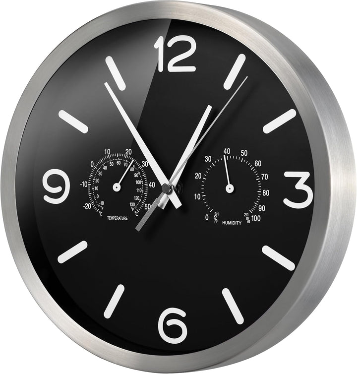 Bresser Funkuhr Wanduhr MyTime ND Thermo-Hygro mit geräuschlosem Funkuhrwerk, Edelstahlrahmen und An