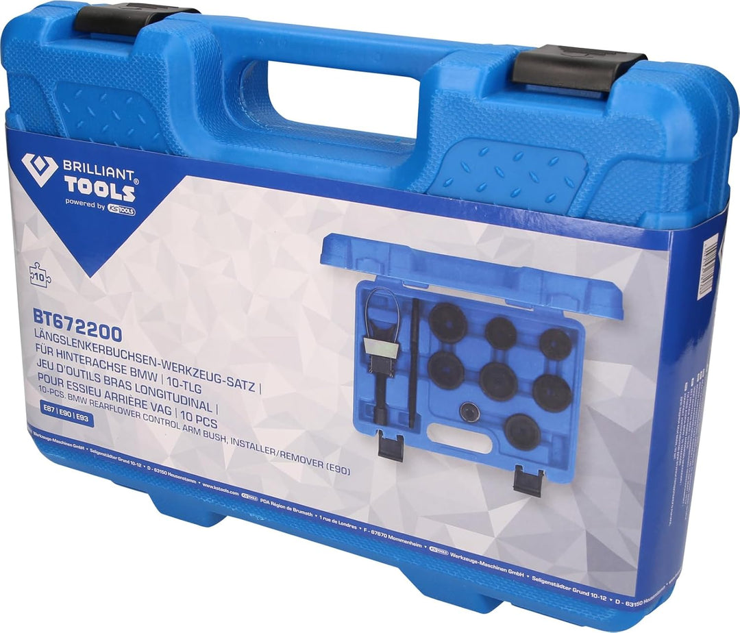 BRILLIANT TOOLS BT672200 Längslenkerbuchsen-Werkzeug-Satz, für Hinterachse BMW, 10-tlg [Powered by K