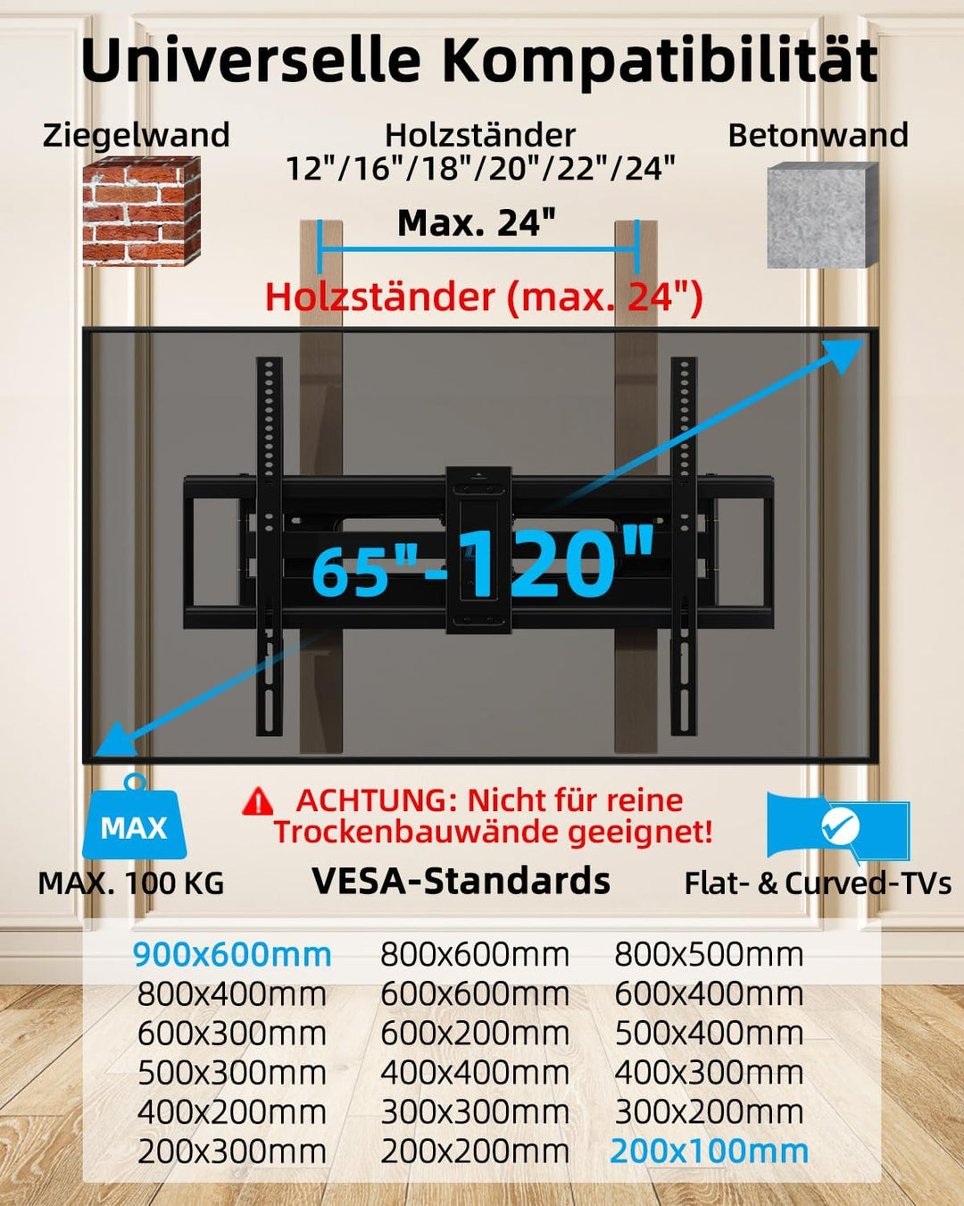 HOME VISION TV Wandhalterung Vollbeweglich 65-120", VESA 900x600, 100 kg 65-120 Zoll, 65-120 Zoll