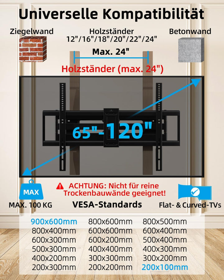 HOME VISION TV Wandhalterung Vollbeweglich 65-120", VESA 900x600, 100 kg 65-120 Zoll, 65-120 Zoll