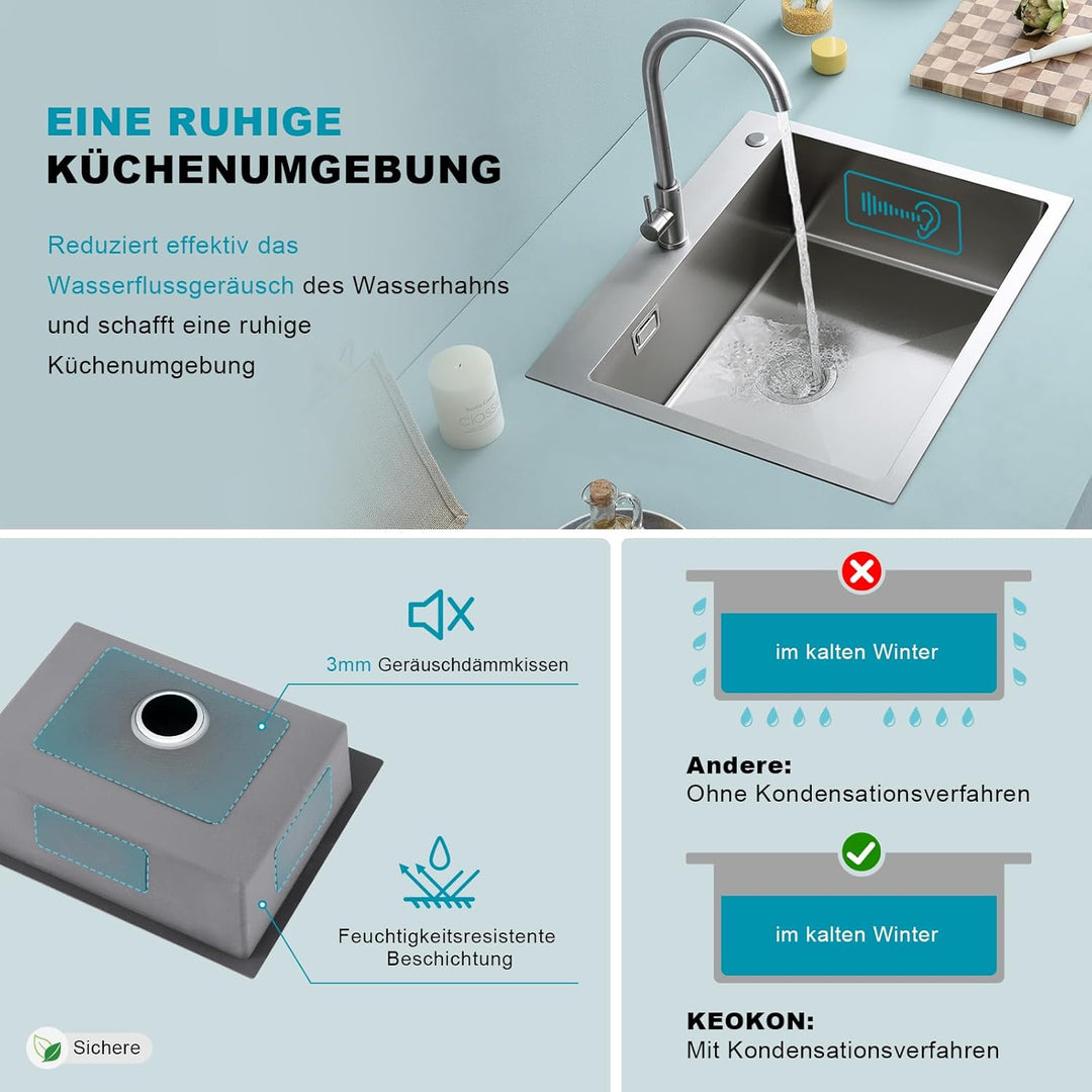 Spülbecken 60 x 50 cm, KEOKBON Nanosilber Spüle Küche Edelstahl 1 Becken, edelstahlspüle mit Hahnloc