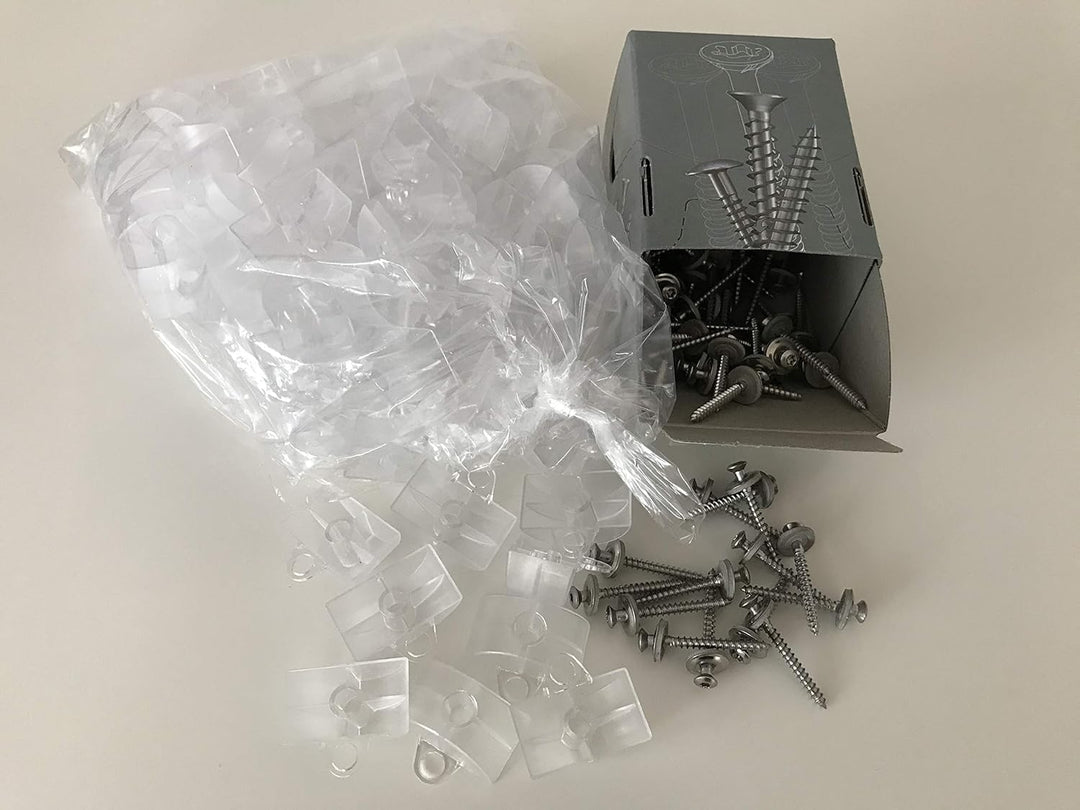 Set aus je 100 Stück Abstandhalter & Spengler-Schrauben TX20 EPDM-Dichtscheiben 4,5x45mm für Sinus P