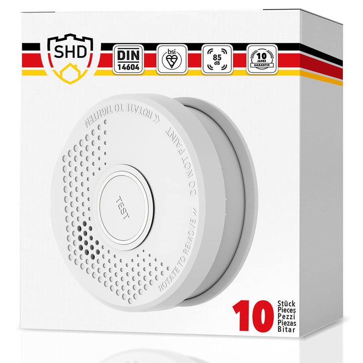 Rauchmelder 10er Set, 10 Jahre Garantie, DIN EN14604 geprüft, BSI Zertifiziert, 10 Stück Brandmelder