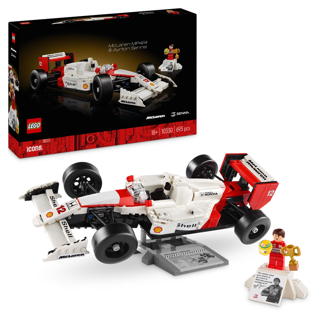 Lego Icons McLaren MP4/4 &amp; Ayrton Senna Modellauto Set, F1 Rennwagen Bausatz für Erwachsene mit Renn