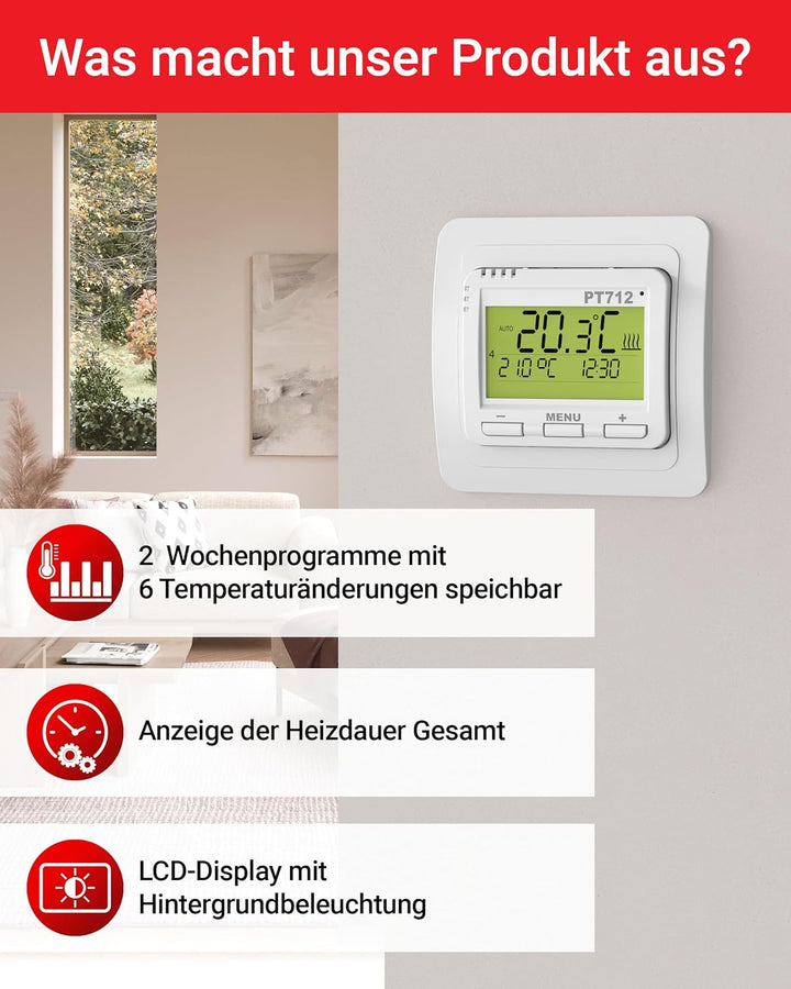 Elektrobock Digitaler Raumthermostat für Fussbodenheizung, PT712, 80 x 80 x 40 mm