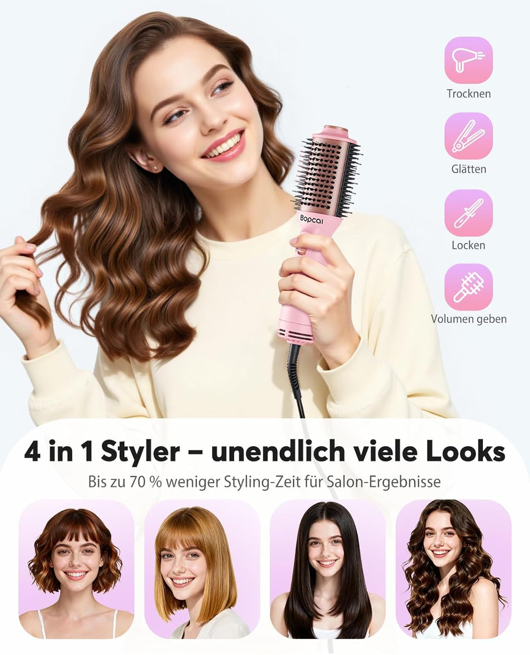 Bopcal Mini Warmluftbürste 4-in-1, Ionen Föhnbürste für Volumen & Glatte Haare, Tragbare Heissluftbü