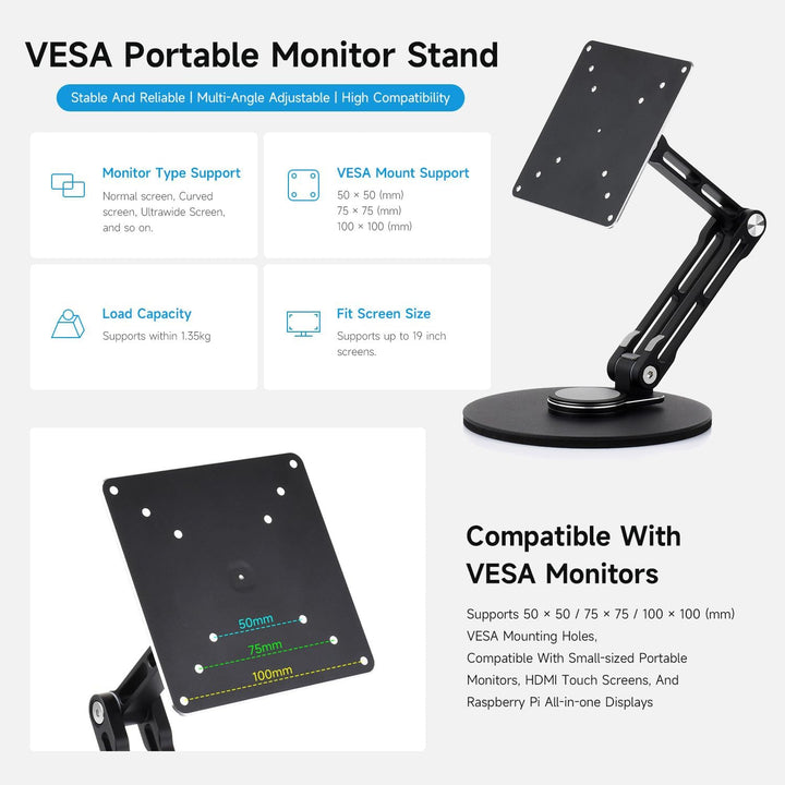 Waveshare VESA Portable Monitor Adjustable Stand, Compatible with Monitors Up to 19 Inches, Multi-Ax