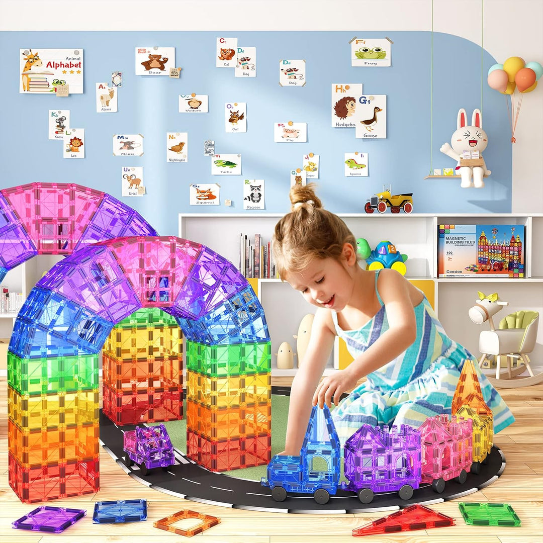 100 Magnetische Fliesen STEM Bauspielzeug mit 2 Autos, Sensorische Magnetische Bausteine für Kleinki