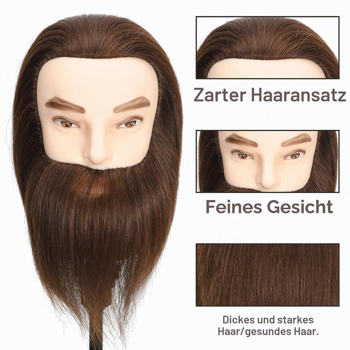 Männlicher Mannequinkopf, 100 % Echthaar mit Bart 30,5 cm, Trainingskopf, Kosmetologie, Puppenkopf,