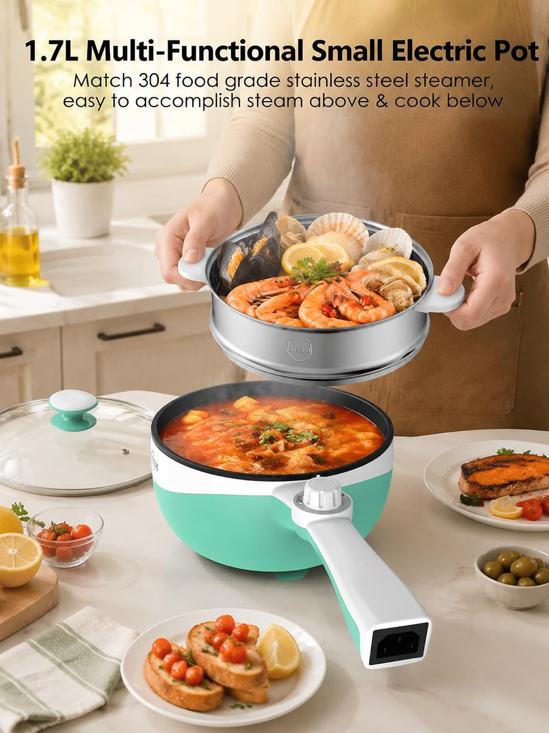 Audecook Elektrischer Topf mit Dampfgarer, 1.7L Mini Elektrische Bratpfanne für Wohnheim Antihaftbes