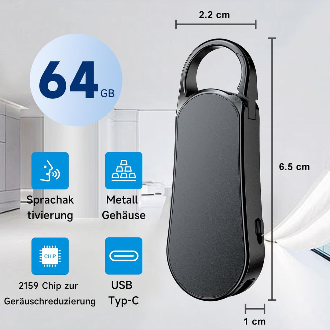 64GB Ponovo Diktiergerät im Schlüsselanhänger-Design mit Metallgehäuse, EIN-Tasten-Bedienung, 1536kb