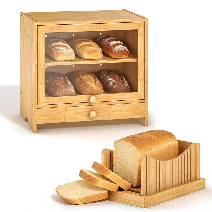 2 Stöckiger Brotkasten mit Schneidebrett, 38.5x36x25cm Natürlicher Bambus Brotbox mit Fenster für Kü