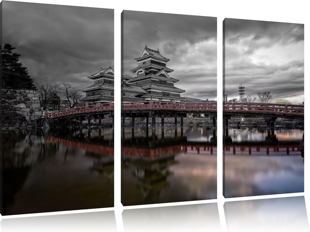 Pixxprint asiatischer Tempel an See als Leinwandbild/Grösse: 3 Teilig (120x80) cm/Wandbild/Kunstdruc