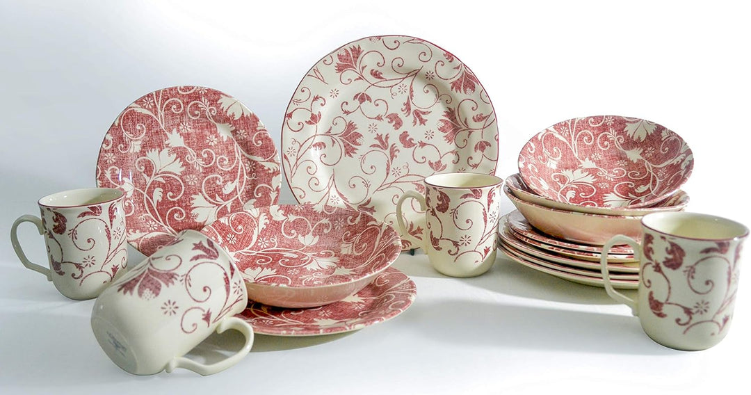 Creatable, 22257, Serie Damask rot, Geschirrset, Kombiservice 16 teilig, Steingut, Rot