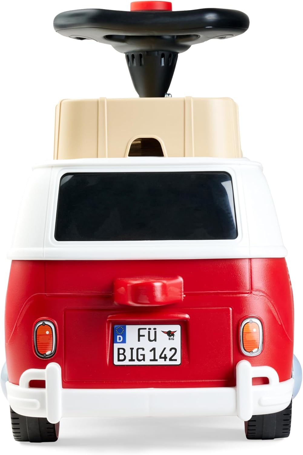 BIG – Bobby Car Baby VW T1 (rot-weiss) - Kinderfahrzeug mit Flüsterreifen, Hupe & Anhängerkupplung -
