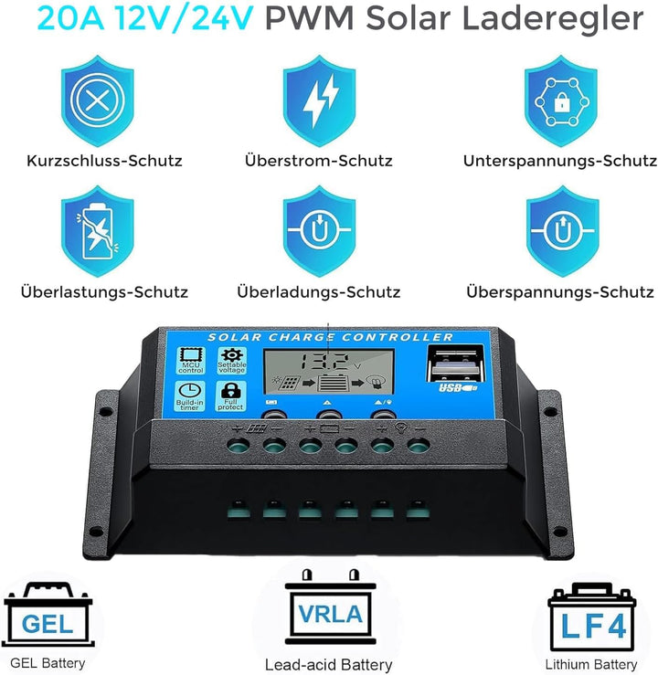 Solarpanel-Kit Flexibel 100W 12V Monokristallines Solarmodul+20A 12V/24V Solarladeregler+Solarkabel,