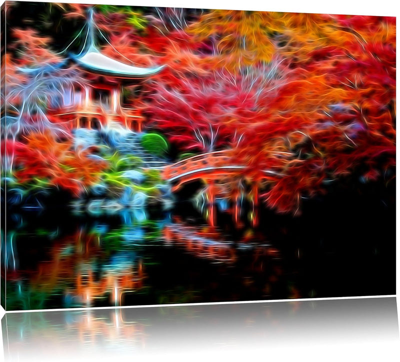 Dark Chinesischer Tempel, Bild auf Leinwand, XXL riesige Bilder fertig gerahmt mit Keilrahmen, Kunst