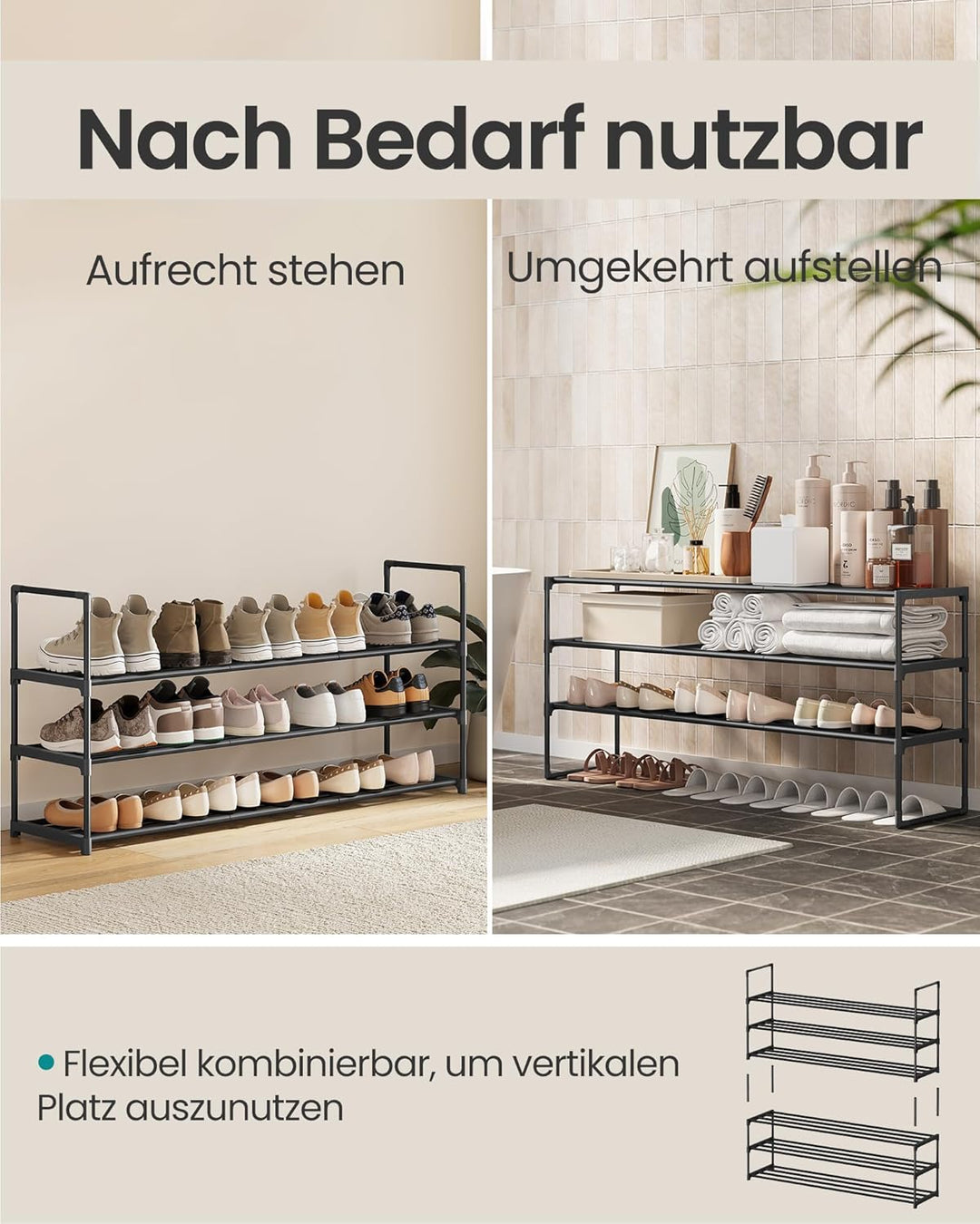 SONGMICS Schuhregal 3 Ebenen, Schuhständer Metall, Schuhaufbewahrung, Schuh-Organizer, aufrecht oder