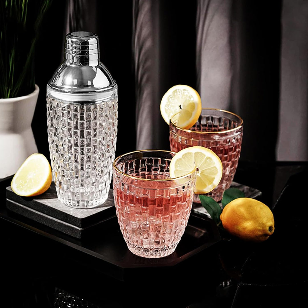Glas Cocktailshaker400ml,Strickmuster Klarglas Cocktail Shaker Set,Cocktail Shaker Glas Mixer mit Ed
