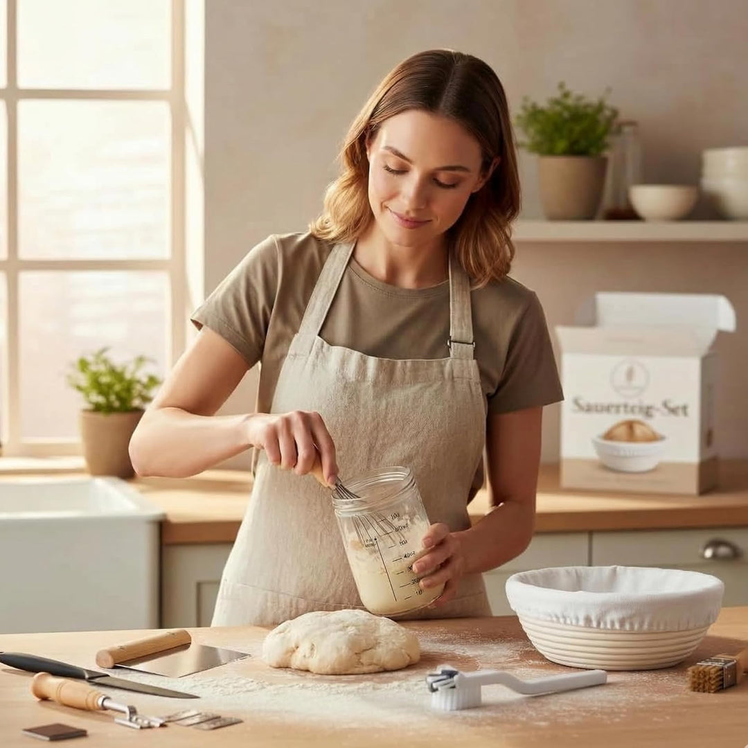 Sauerteig Starter Set 8-Teilig mit Gärkörbchen Rund und Oval, Gärkorb Glasgefäss und Brot Backen Zub