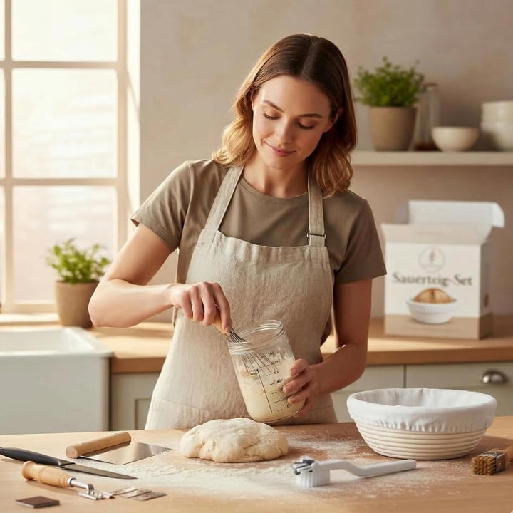 Sauerteig Starter Set 8-Teilig mit Gärkörbchen Rund und Oval, Gärkorb Glasgefäss und Brot Backen Zub