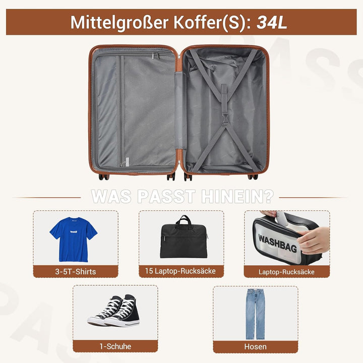 British Traveller Hartschalenkoffer Set mit Kosmetiktasche, Leichter Reisekoffer aus ABS+PC mit TSA-