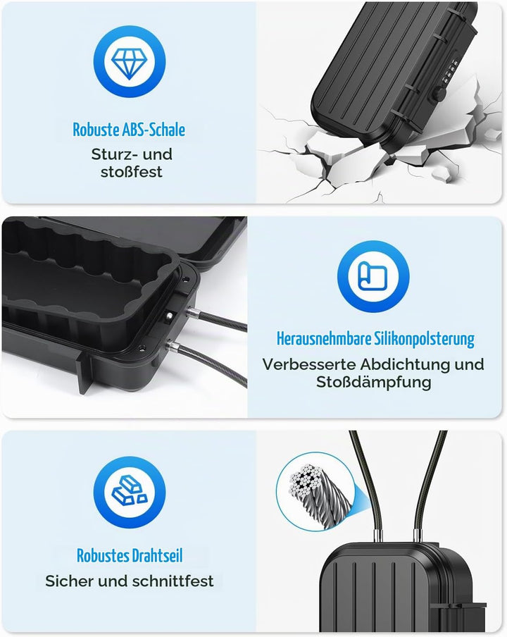 Brifit Tragbarer Tresor, Strandsafe mit Zahlencode, Wasserdichte Aufbewahrungsbox mit 6.3mm Stahlsei