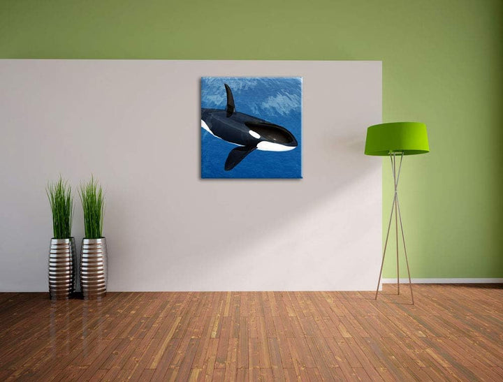 Orca im blauen Meer, Format: 70x70 auf Leinwand, XXL riesige Bilder fertig gerahmt mit Keilrahmen, K