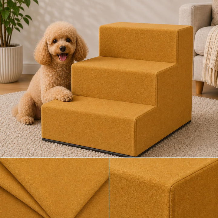 Muralo Hundetreppe 3 Stufen für Kleine Hunde, Katzen, Velvet - Gelb | Haustiertreppe 30 cm, rutschfe