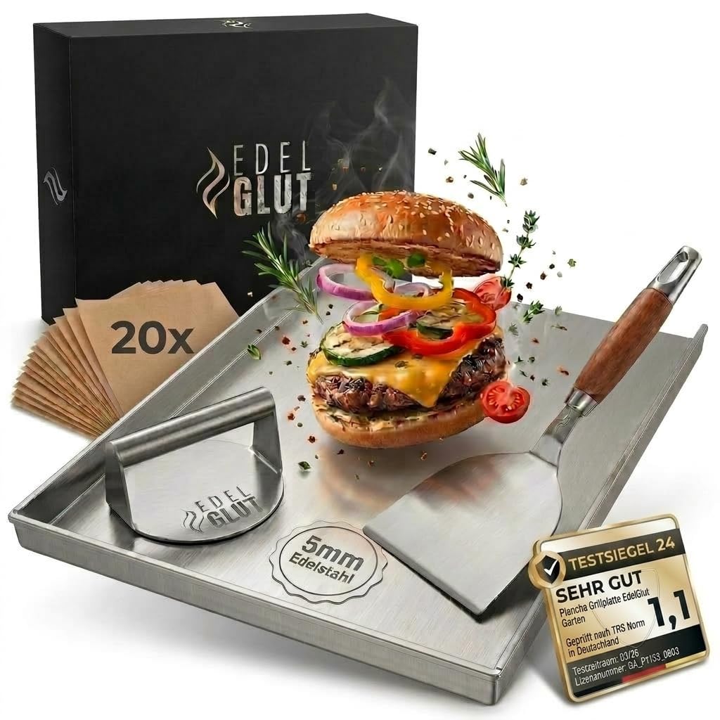 Plancha-Grillplatte-Set - 5mm Premium-Edelstahl-Grillplatte inkl. Burgerpresse, Grillspachtel, Burge