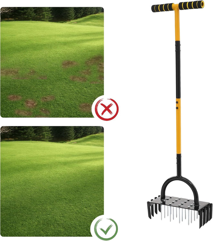 2-in-1 Rasenlüfter, Aerifizierer für Rasen, Manuell Rasenbelüfter mit 16 Eisenspikes, Heavy Duty Han