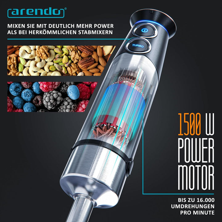 Arendo - Stabmixer Edelstahl - elektrischer Pürierstab 1500 Watt - - stufenlose Geschwindigkeit - Tu