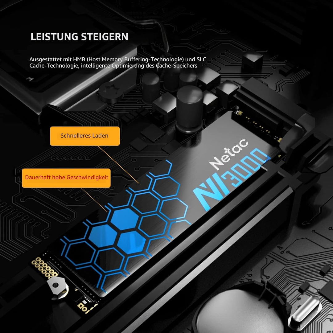 Netac M.2 SSD 500GB Intern - NVMe SSD - PCIE 3.0 M.2 2280 3300 MB/S für PC und Laptop, 3D Nand Schwa