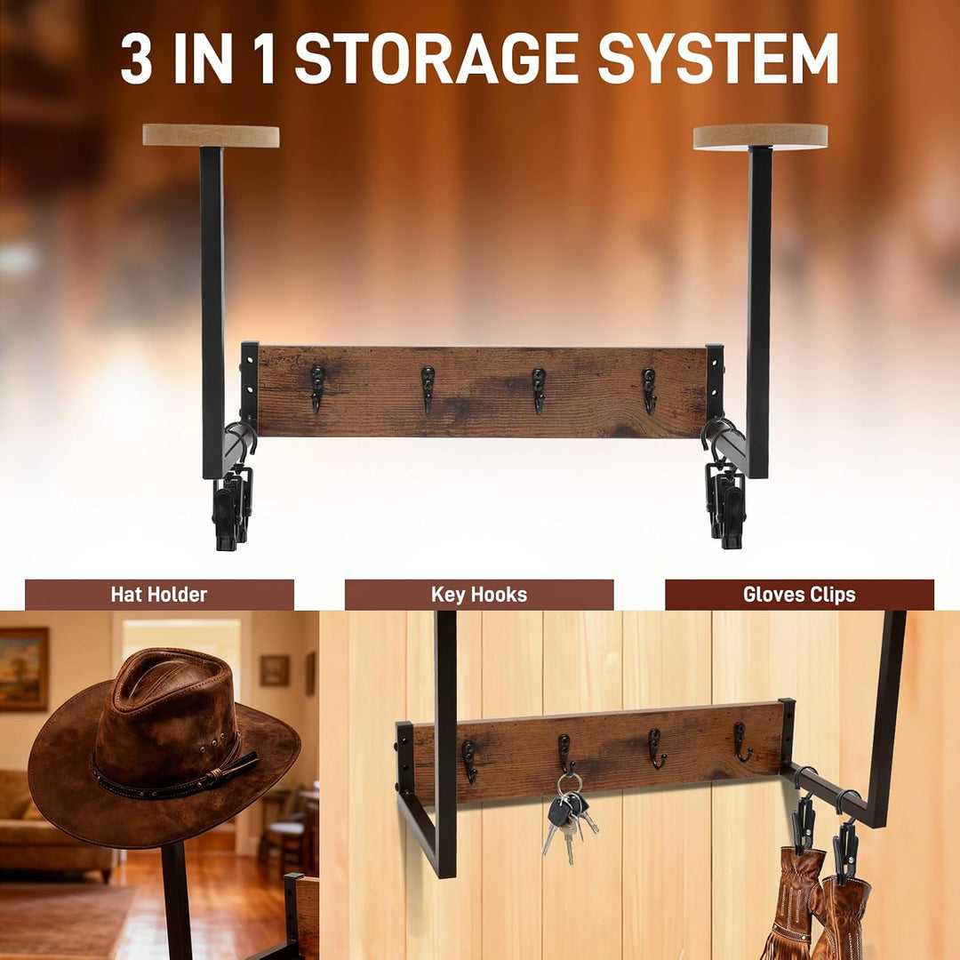 Helmhalterung Wand, Holz Hutständer Wand für Cowboyhut, Motorrad Garderobe Hutaufhänger mit 4 Metall
