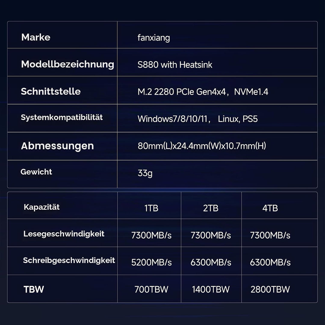 fanxiang NVMe M.2 SSD 2 TB mit Kühlkörper bis zu 7300 MB/, PCIe Gen4x4 2280 NVMe 1.4, TLC SSD mit SL