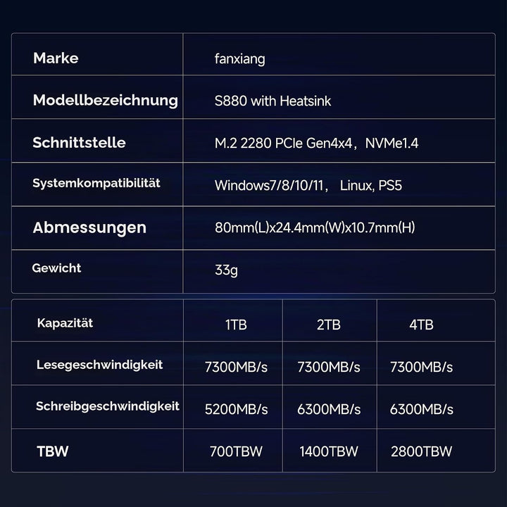 fanxiang NVMe M.2 SSD 2 TB mit Kühlkörper bis zu 7300 MB/, PCIe Gen4x4 2280 NVMe 1.4, TLC SSD mit SL