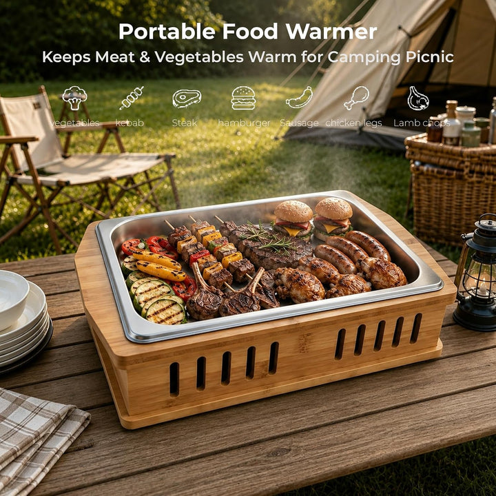 Tragbare Warmhalteplatte für Grillgut mit Edelstahlauflage 32,5x26,5x4cm | Leicht zu Reinigende BBQ