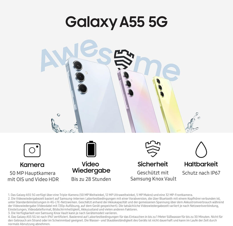 Samsung Galaxy A55 5G Smartphone, Android-Handy ohne Vertrag, 256 GB / 8 GB RAM, 2 Tage Akkulaufzeit