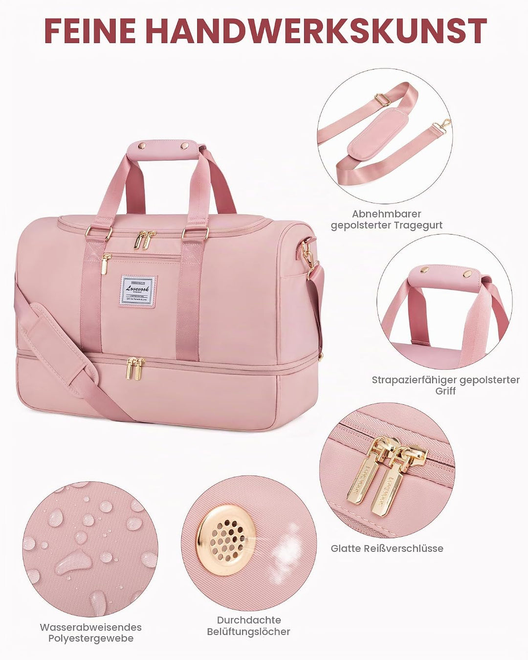 LOVEVOOK Reisetasche Sporttasche 50L, Kliniktasche Geburt Gross Weekender Damen mit Kulturtasche, Sc