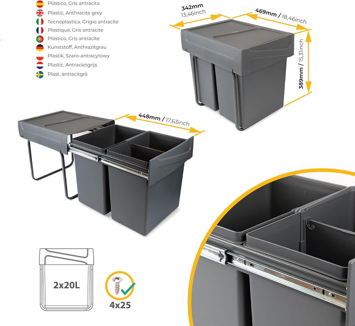 Emuca - Küchenabfalleimer mit unterseitiger Befestigung, 2 ausziehbarer 20 L Recycle-Mülleimer, Gesa