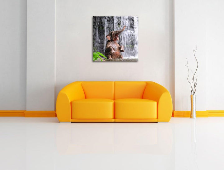 Babyelefant am Wasserfall, Format: 70x70 auf Leinwand, XXL riesige Bilder fertig gerahmt mit Keilrah