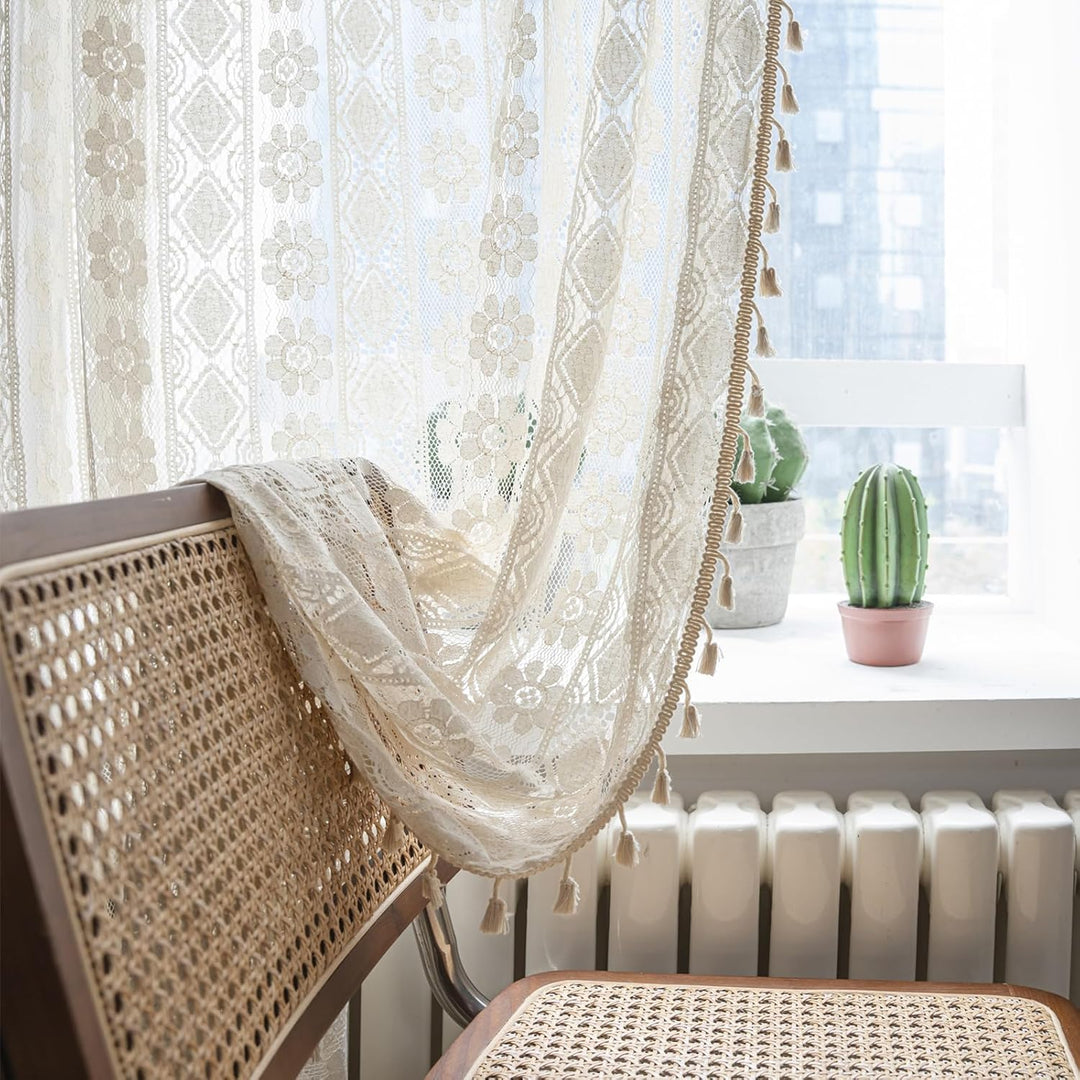 Freyamy 2er Set Gardinen Transparent Blumen Stickerei,Transluzente Vorhang Beige mit Stangendurchzug