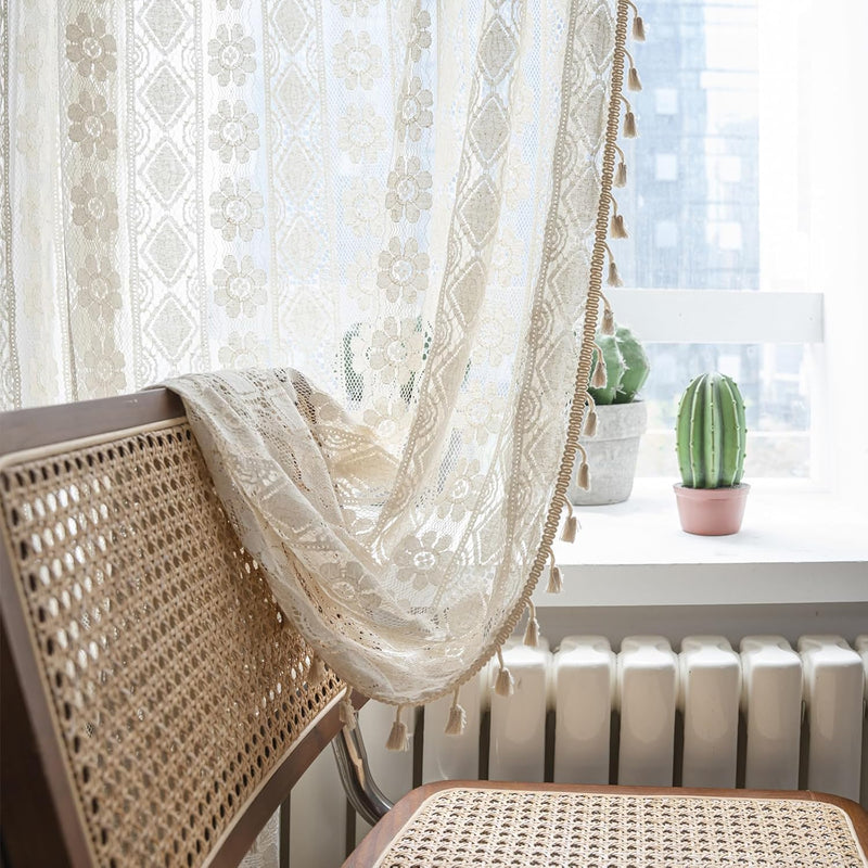 Freyamy 2er Set Gardinen Transparent Blumen Stickerei,Transluzente Vorhang Beige mit Stangendurchzug