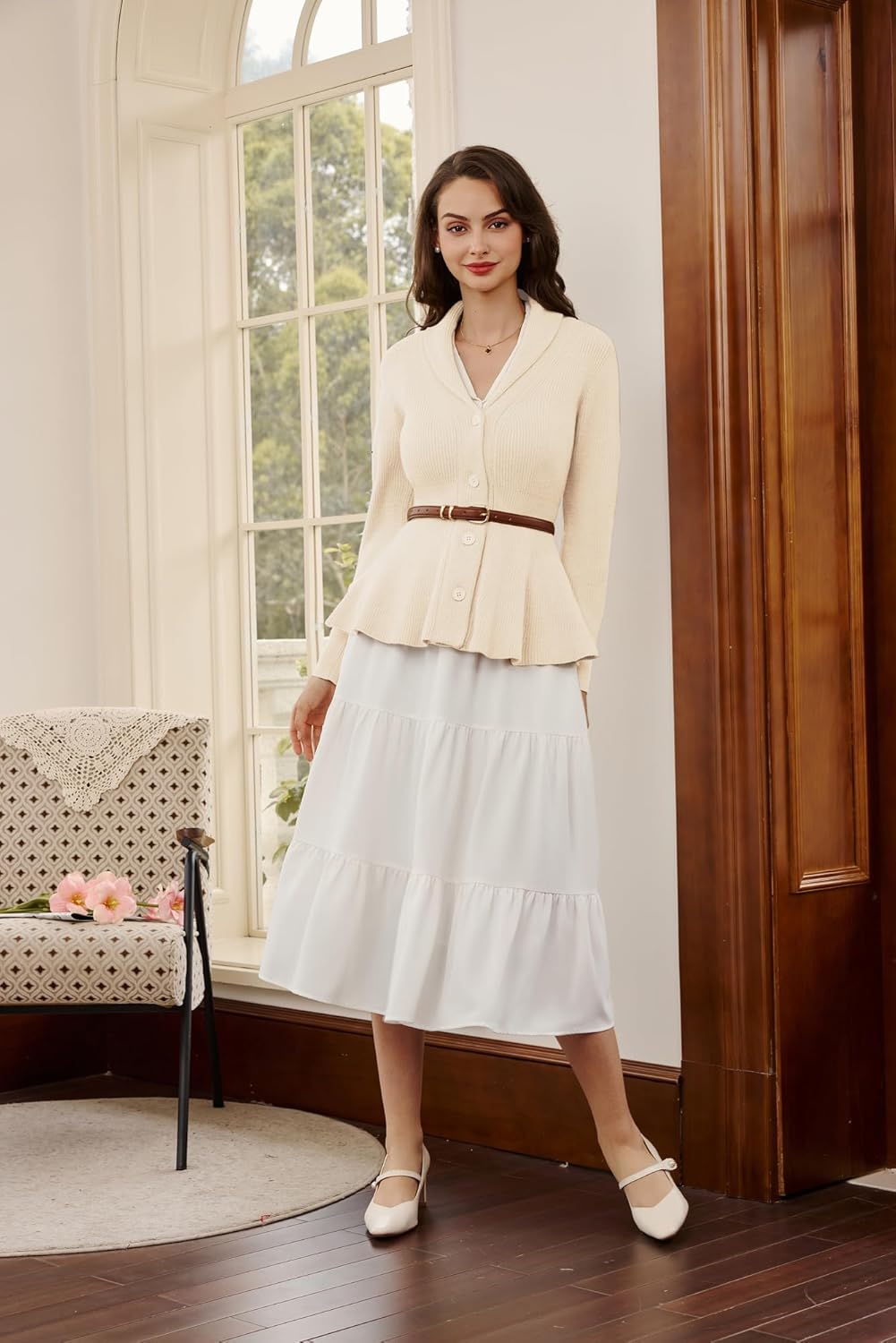 Belle Poque Damen Strickjacke Langarm Reverskragen Cardigan mit Rüschensaum Casual Strickmantel XL E