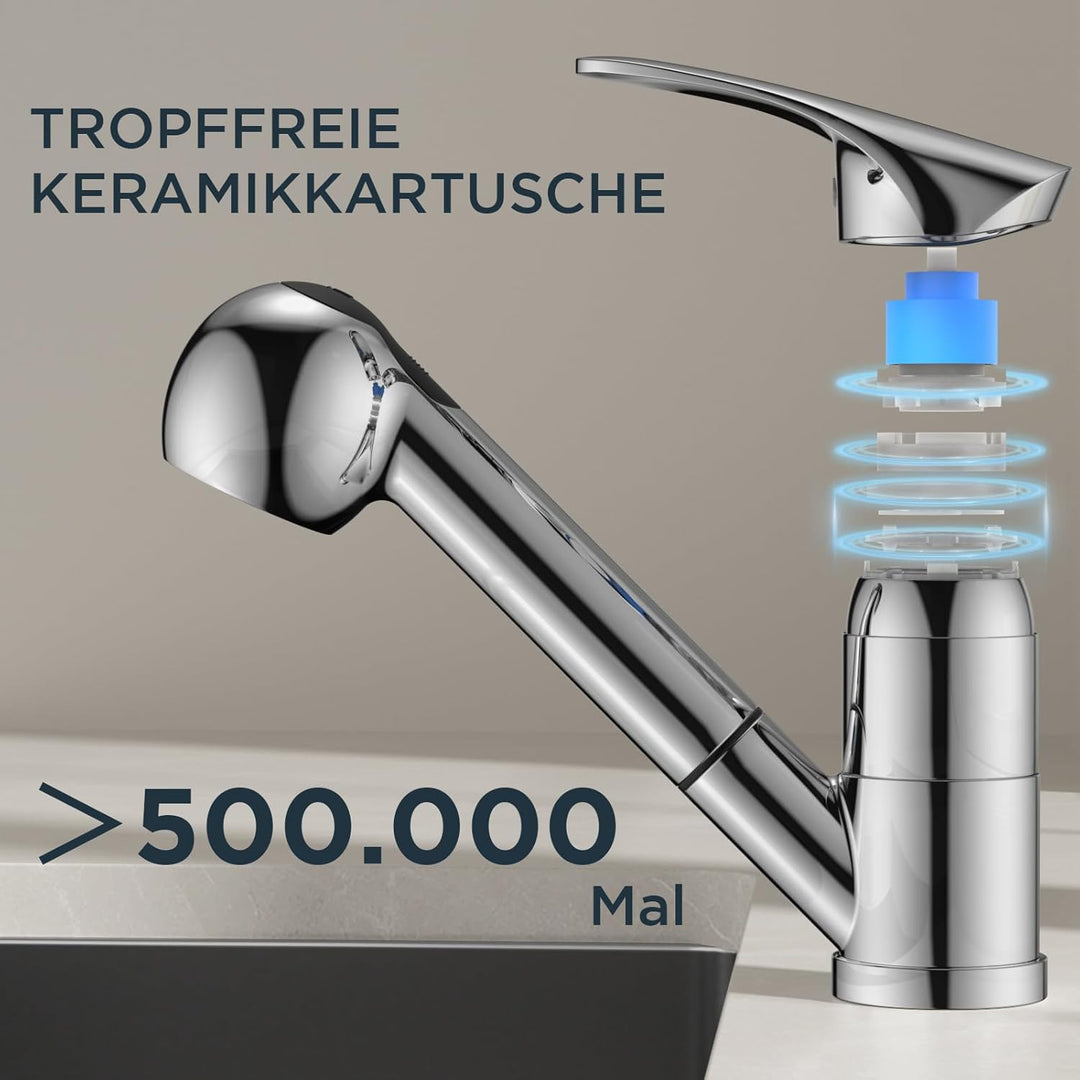 FORIOUS Wasserhahn Küche Polierter Chrom, Edelstahl Spültischarmatur mit Brause, Einhebelmischer Küc