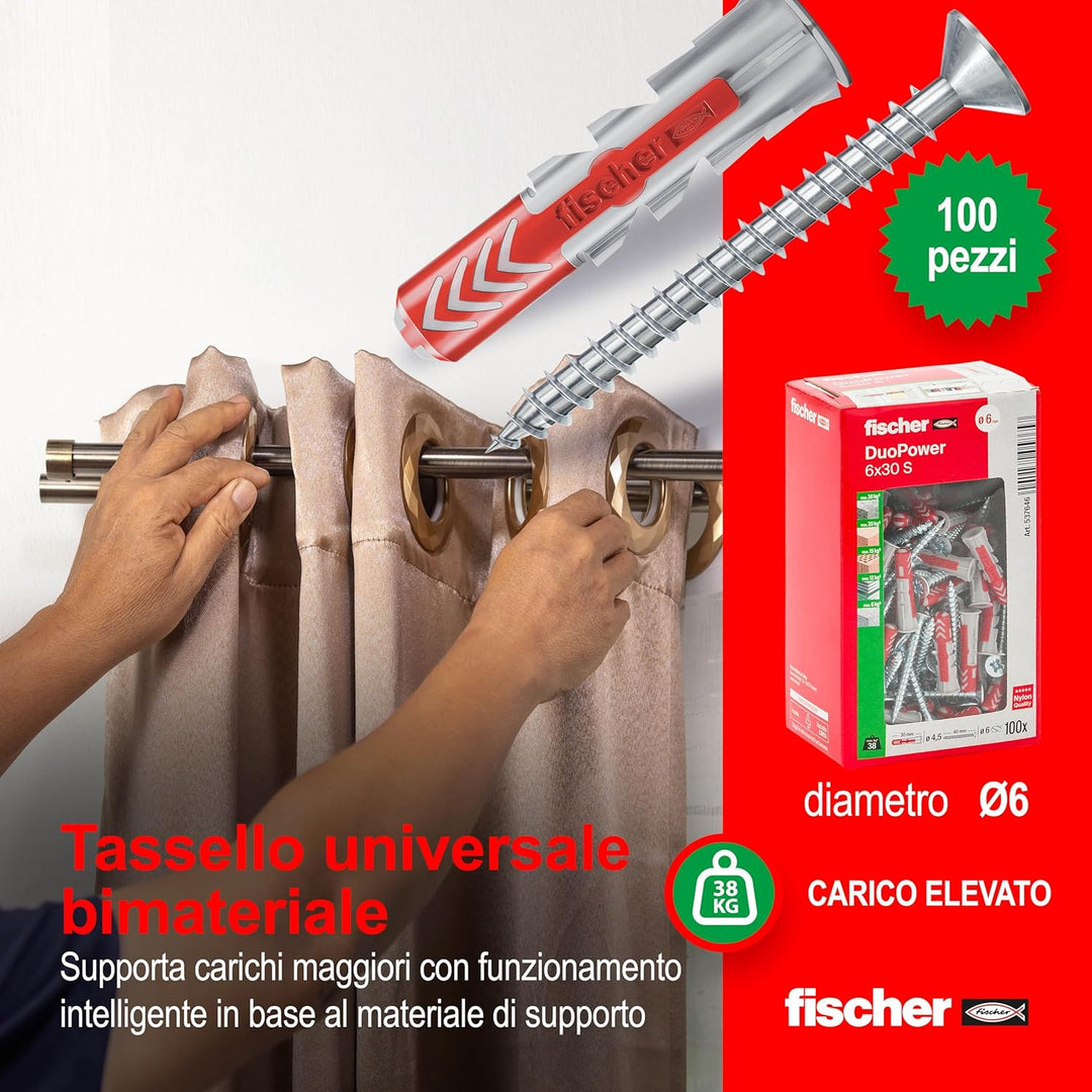 Fischer 100 DUOPOWER Dübel mit Schraube 6 x 30 mm für Vollwand Lochziegel Gipskarton 537646 grau/rot