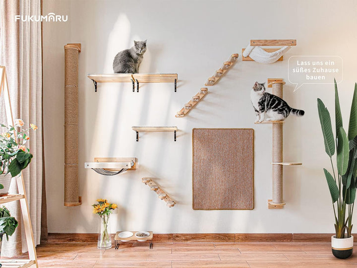 FUKUMARU Kletterwand Katzen, Katzentreppe Wand, Wandliege Katzen, aus Massives Gummiholz, für Katzen